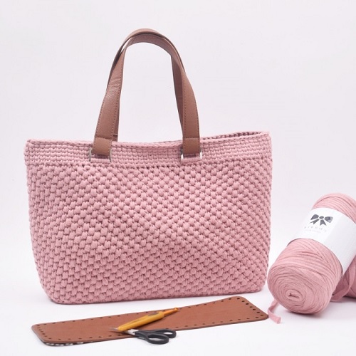 Ribbon Shopper with a Leather Base ƒ‚‚“ Small