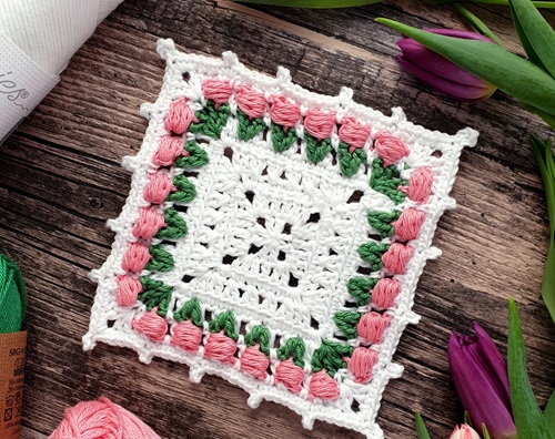 Crochet Tulip Granny Square Coasters