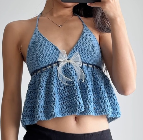 blue flared crochet top