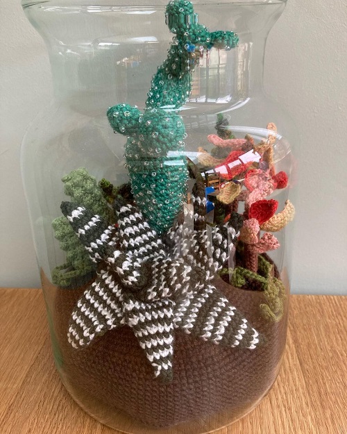 Glass Terrarium with Crocheted Colorful Succulents