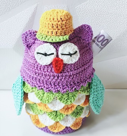 crochet owl piggy bank