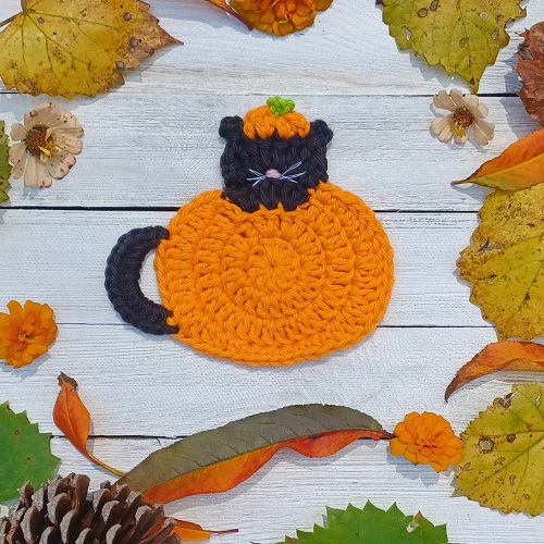 Boo kitty Pumpkin coaster crochet pattern