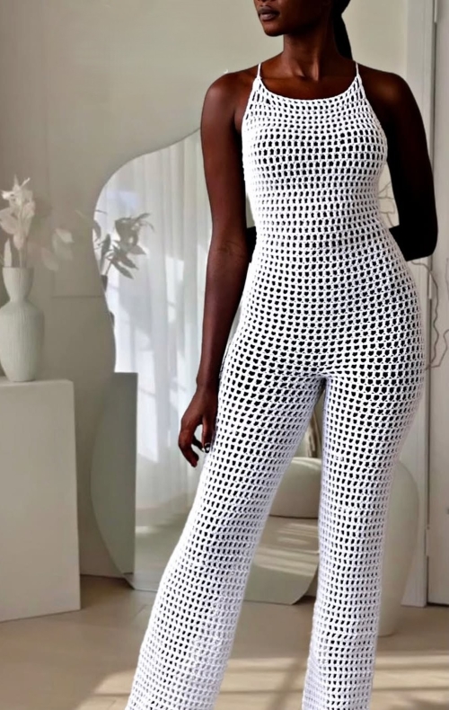 Crochet Halter Mesh Top Jumpsuit