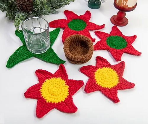 Crochet Poinsettia Coaster Set