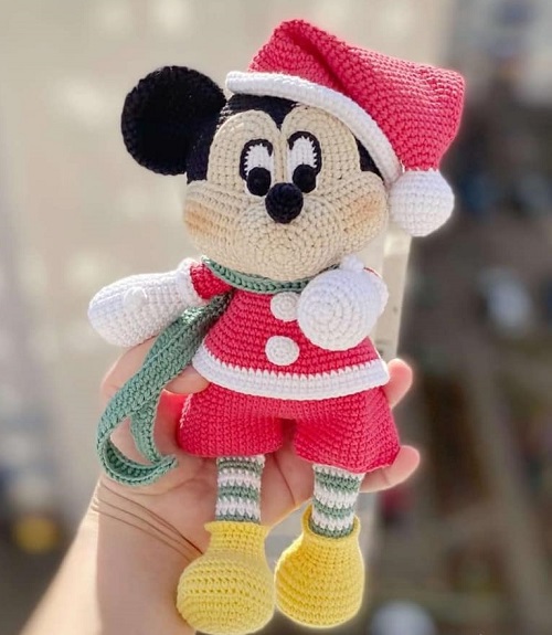 crocheted mickey mouse in Christmas dress