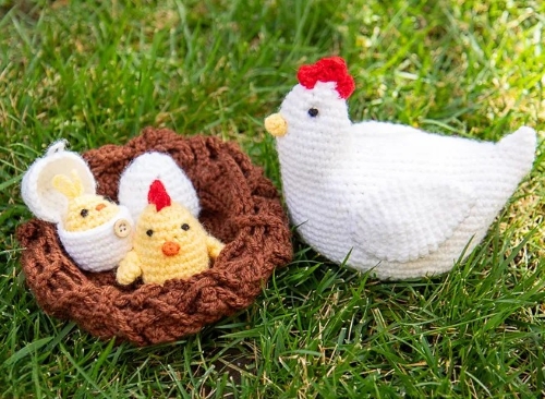 Handcrafted Chicken with Baby Chicks, Eggs, and Nest