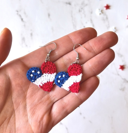Crochet Patriotic Heart Earrings