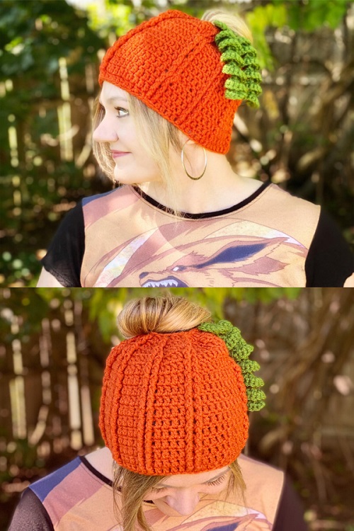 Pumpkin Messy Bun Beanie Crochet Pattern