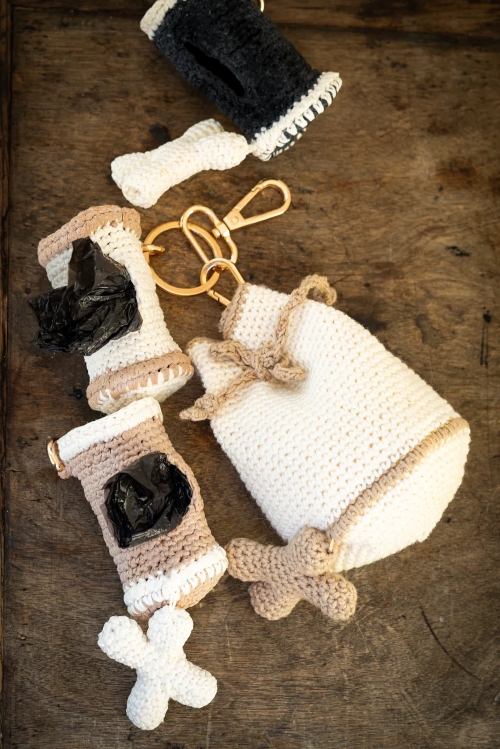 Dog Poop Bag Holder with Amigurumi Bone Embellishment