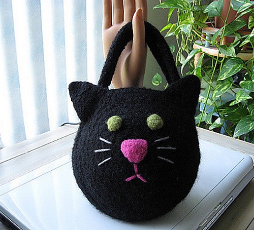 Felted Black Cat Crochet Bag