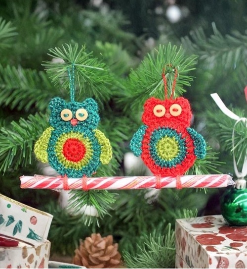 crochet owl candy cane ornaments