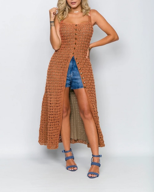 Earthy brown crochet slit dress