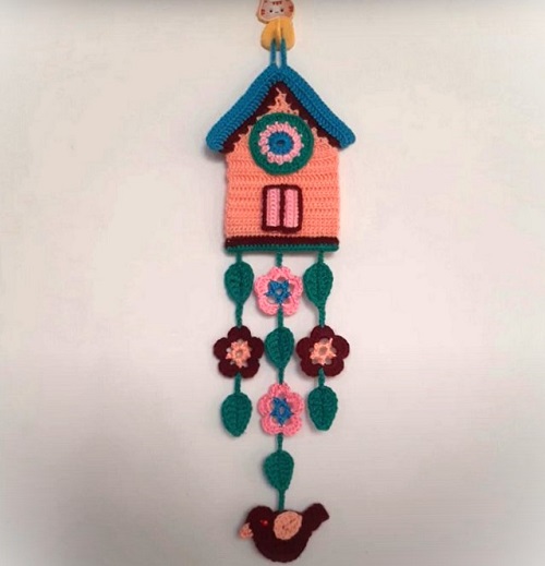 crochet bird house wall hanging