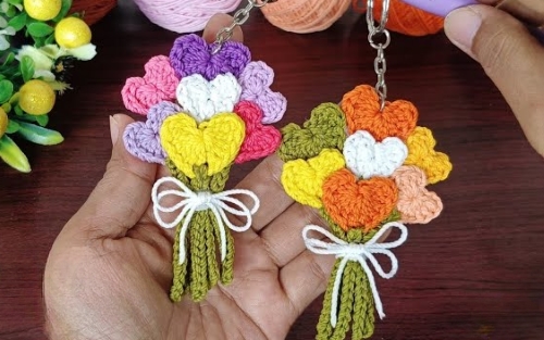 Crochet Heart Bouquet Keychain