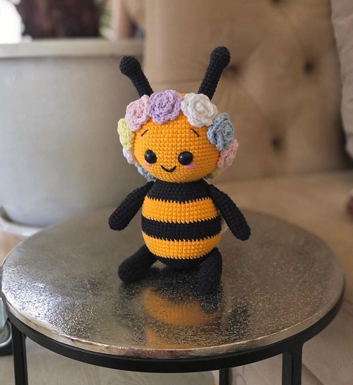 crocheted bee with floral crown