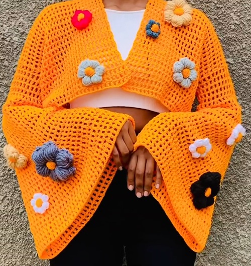 flower Crochet Bell Sleeve Cardigan Free Patterns
