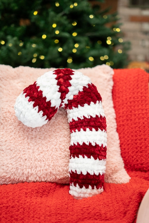 Crochet Velvet Candy Cane Pillow