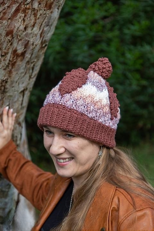 Crochet Fall Leaf Hat with Pinecone Pom Pom