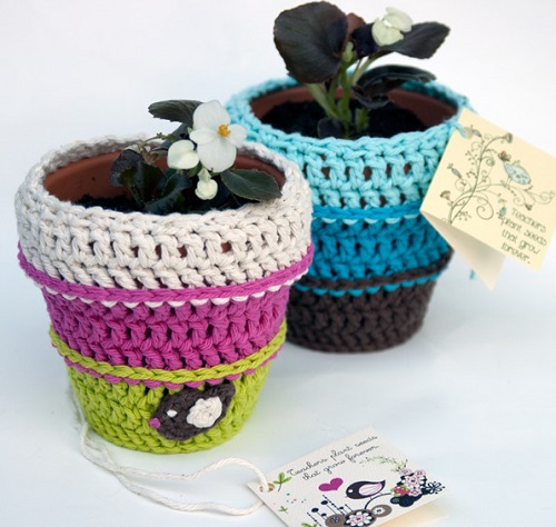 Crochet Flower Pot Cover with Bird Applique