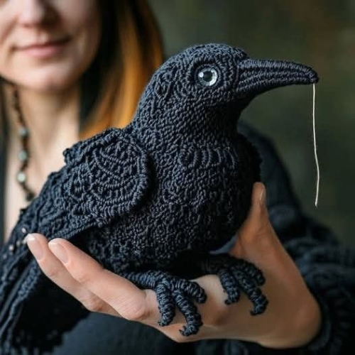 Stunning Crocheted Black Bird