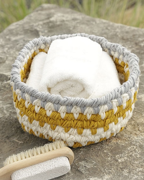 Crochet DROPS basket with reverse sc and stripes