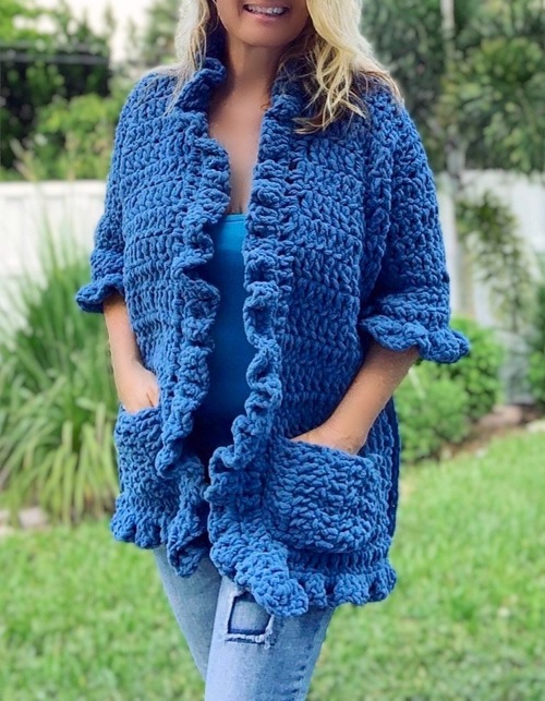 Crochet Blanket Cardigan: Blue Ruffle Lounge Wear