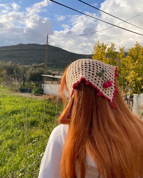 Beige Cherry Crochet Bandana