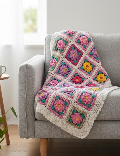 Beautiful Floral Granny Square Blanket