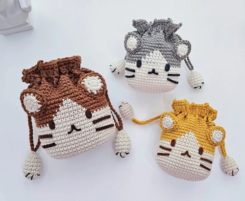 Crochet Cat Drawstring Pouch Bag