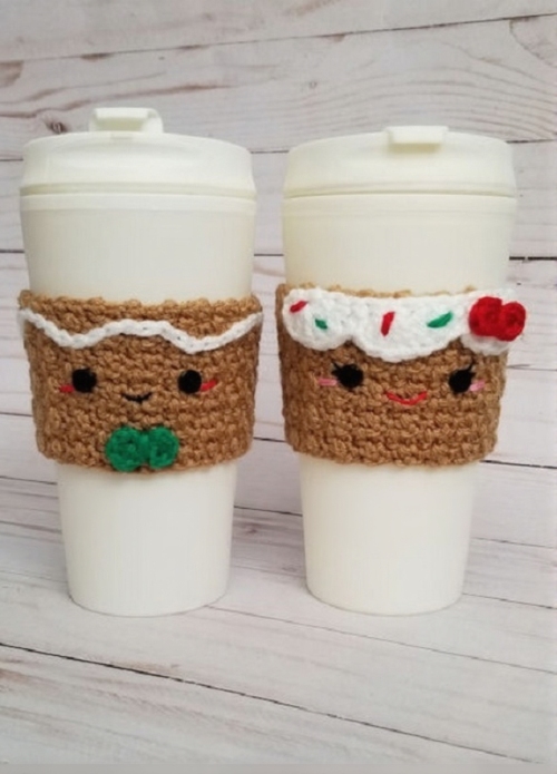 Crochet Gingerbread Boy and Girl Coffee Cup Cozy Free Pattern